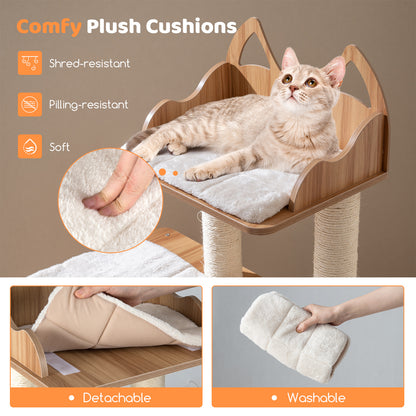 48 Inch Wooden Cat Tree with 2-Floor Condo and Washable Cushions, Natural Cat Trees Condos & Scratchers at Gallery Canada