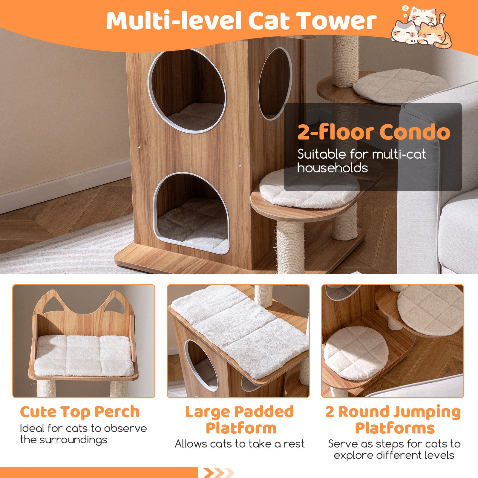 48 Inch Wooden Cat Tree with 2-Floor Condo and Washable Cushions, Natural Cat Trees Condos & Scratchers at Gallery Canada