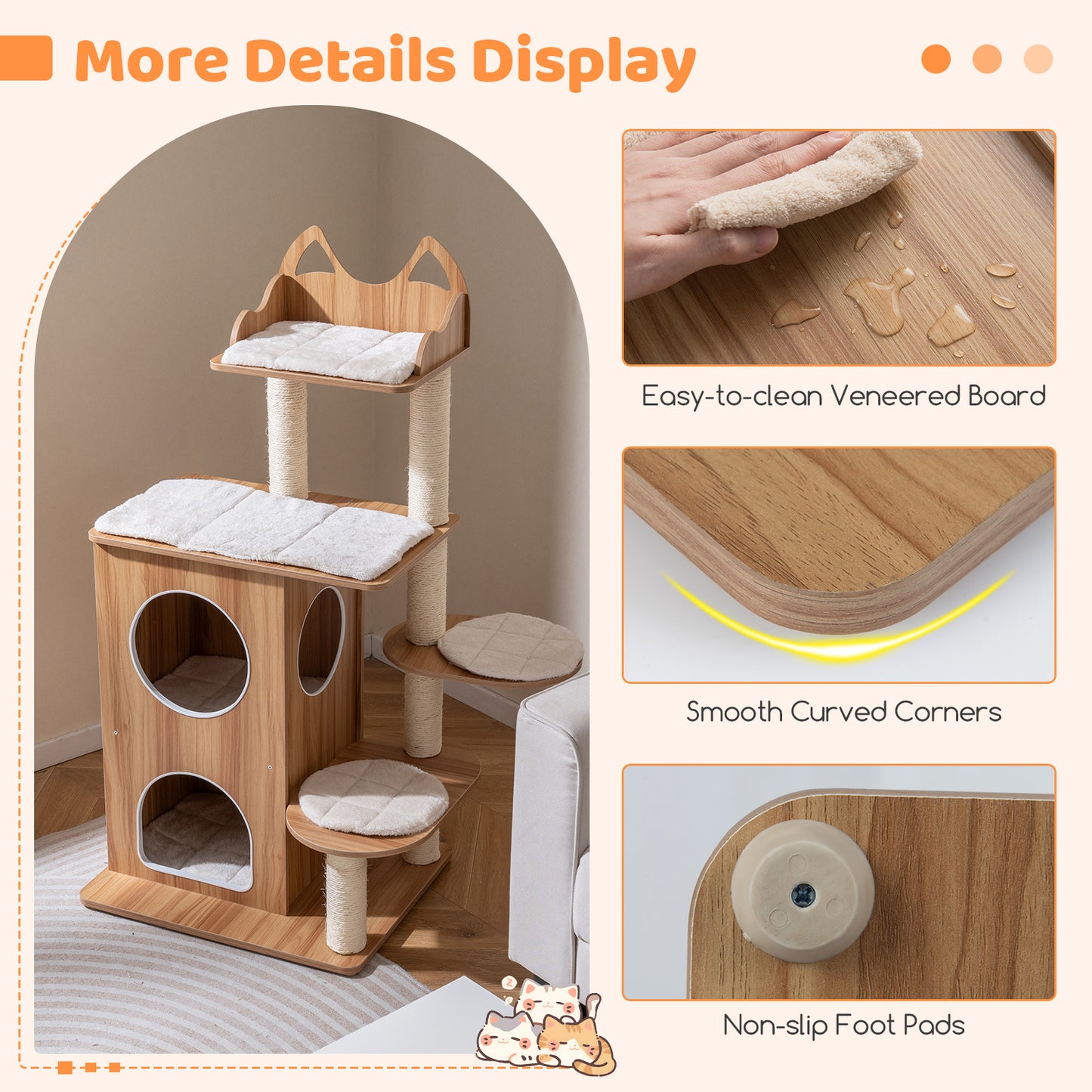 48 Inch Wooden Cat Tree with 2-Floor Condo and Washable Cushions, Natural Cat Trees Condos & Scratchers at Gallery Canada