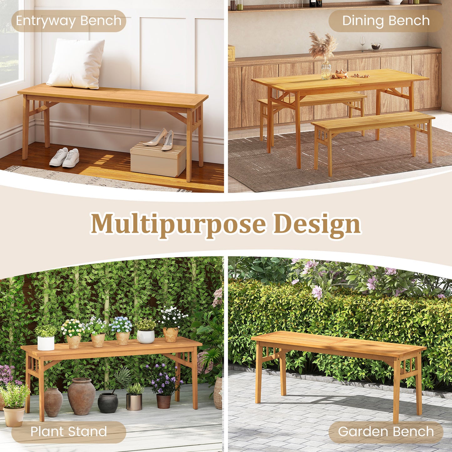 48 Inches Acacia Wood Bench with Breathable Slat Seat and Stable Triangular Structure-2 Outdoor Benches at Gallery Canada