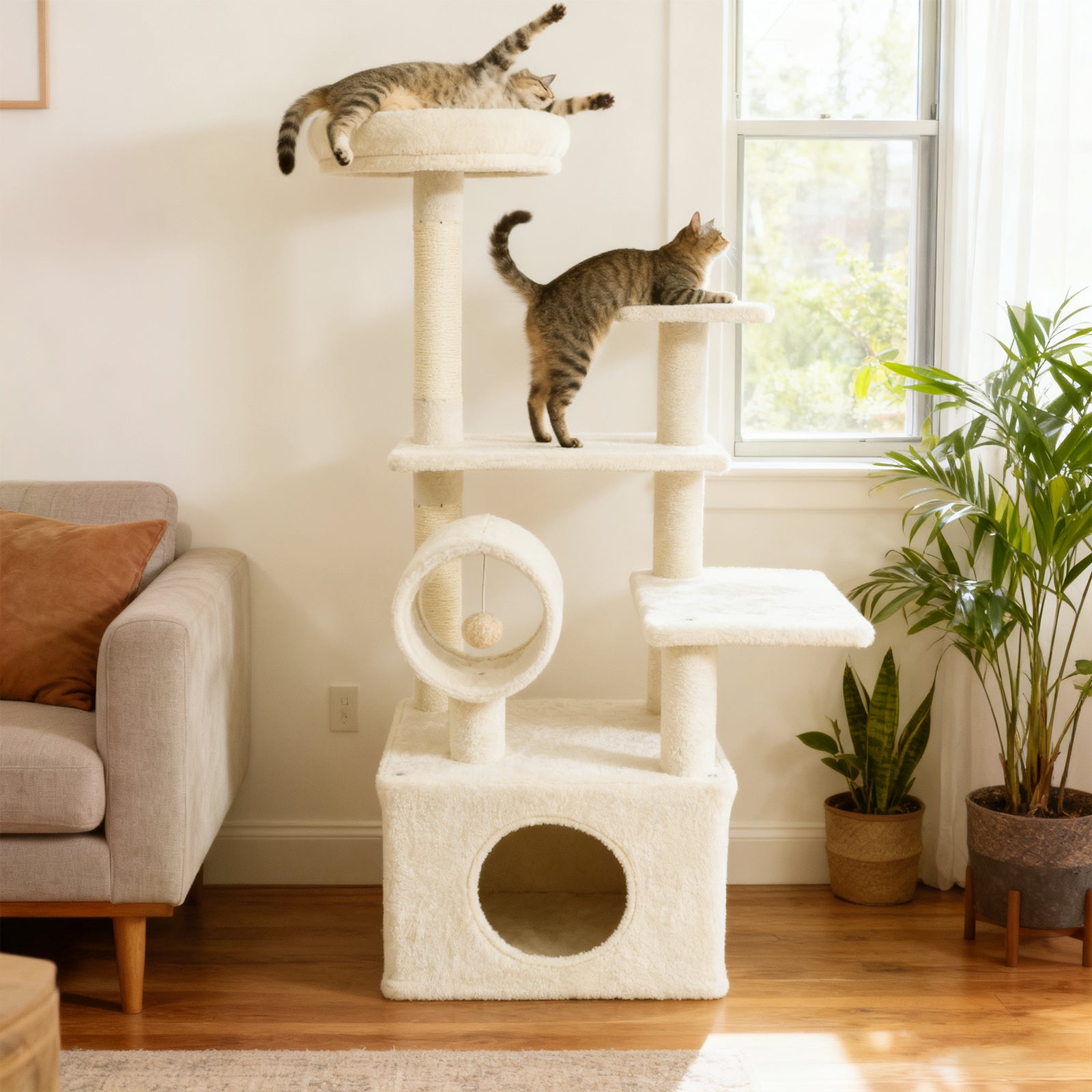 48 Inches Tall Cat Tree Multi-Level Kitten Tower with Large Condo Padded Top Perch, Beige Cat Trees Condos & Scratchers at Gallery Canada