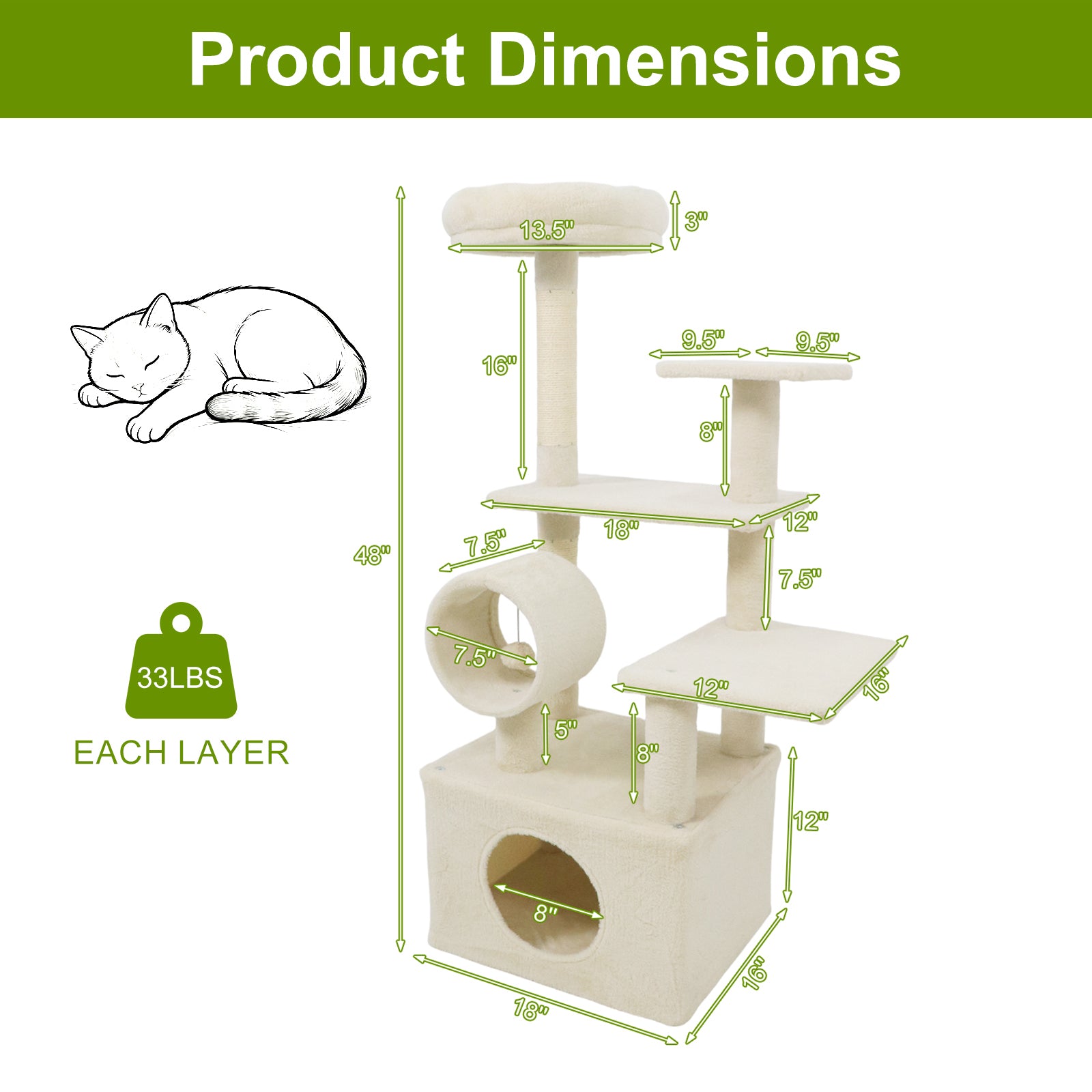 48 Inches Tall Cat Tree Multi-Level Kitten Tower with Large Condo Padded Top Perch, Beige Cat Trees Condos & Scratchers at Gallery Canada