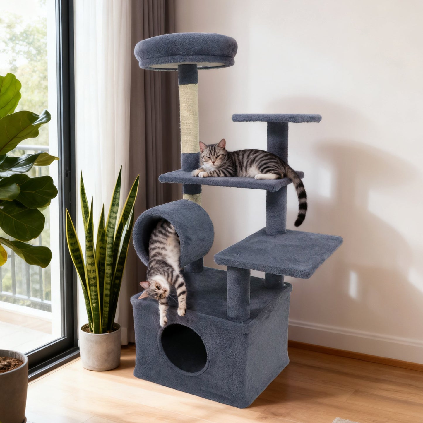 48 Inches Tall Cat Tree Multi-Level Kitten Tower with Large Condo Padded Top Perch-Grey, Gray Cat Trees Condos & Scratchers at Gallery Canada