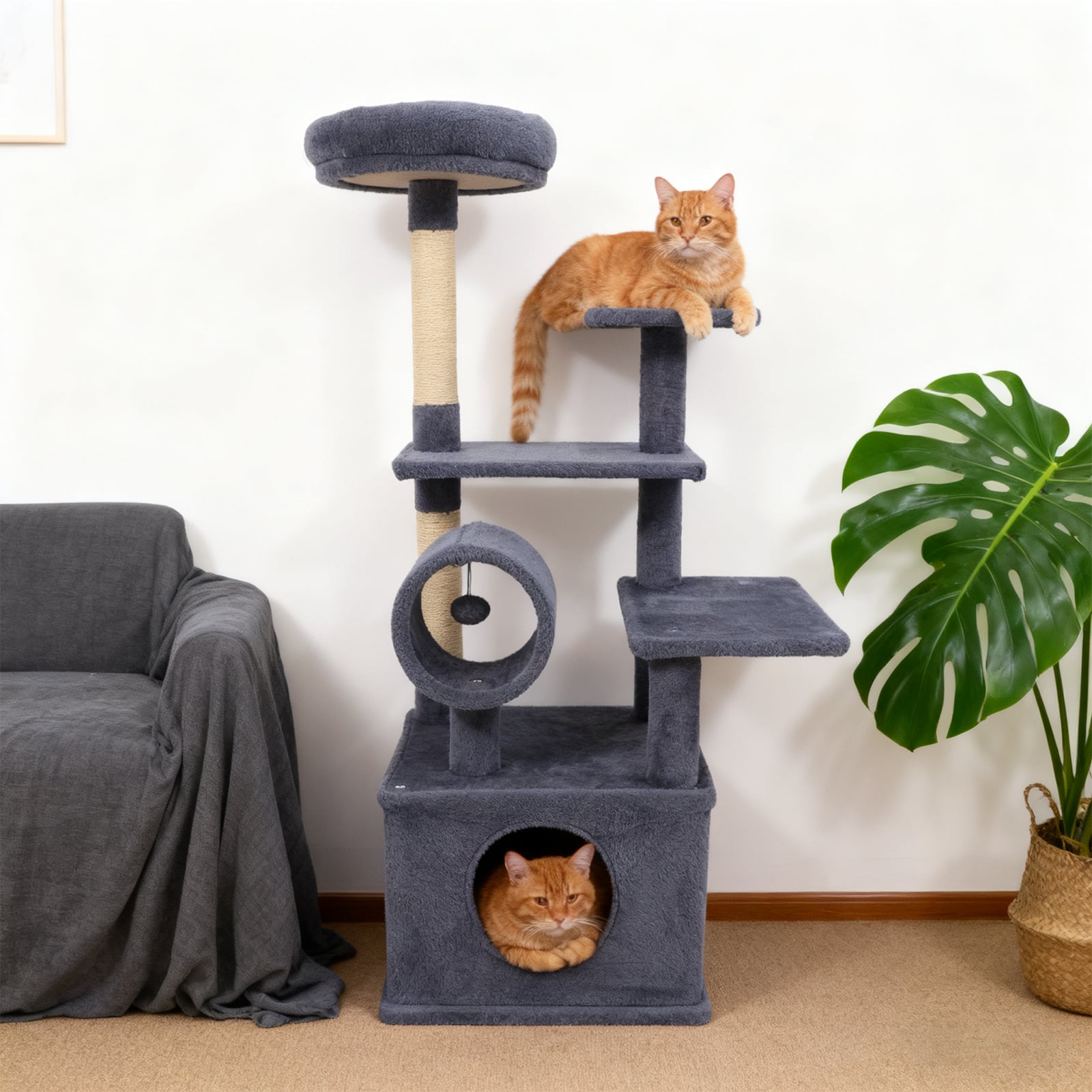 48 Inches Tall Cat Tree Multi-Level Kitten Tower with Large Condo Padded Top Perch-Grey, Gray Cat Trees Condos & Scratchers at Gallery Canada