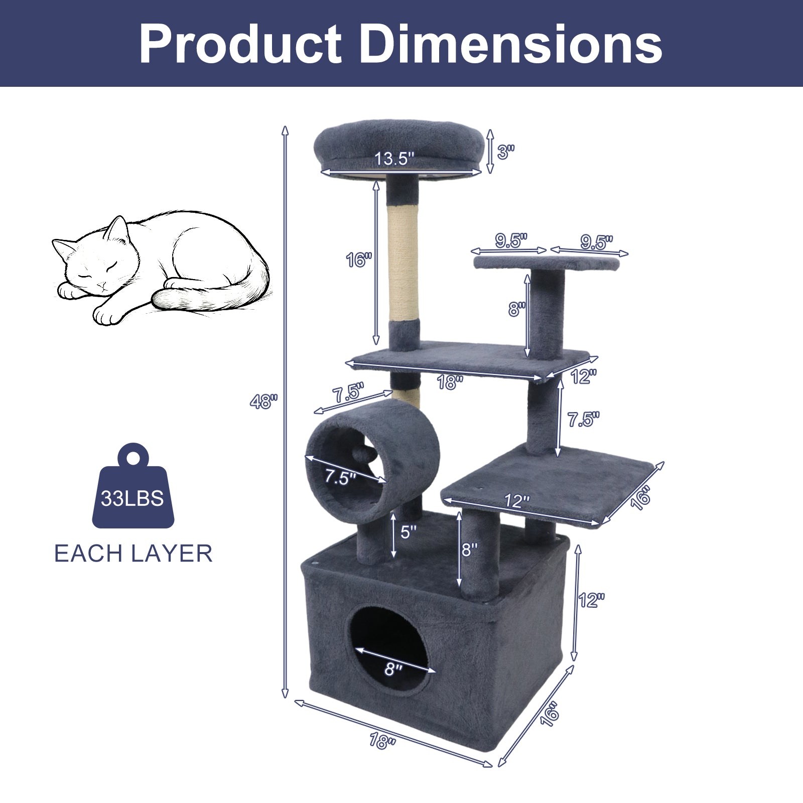 48 Inches Tall Cat Tree Multi-Level Kitten Tower with Large Condo Padded Top Perch-Grey, Gray Cat Trees Condos & Scratchers at Gallery Canada