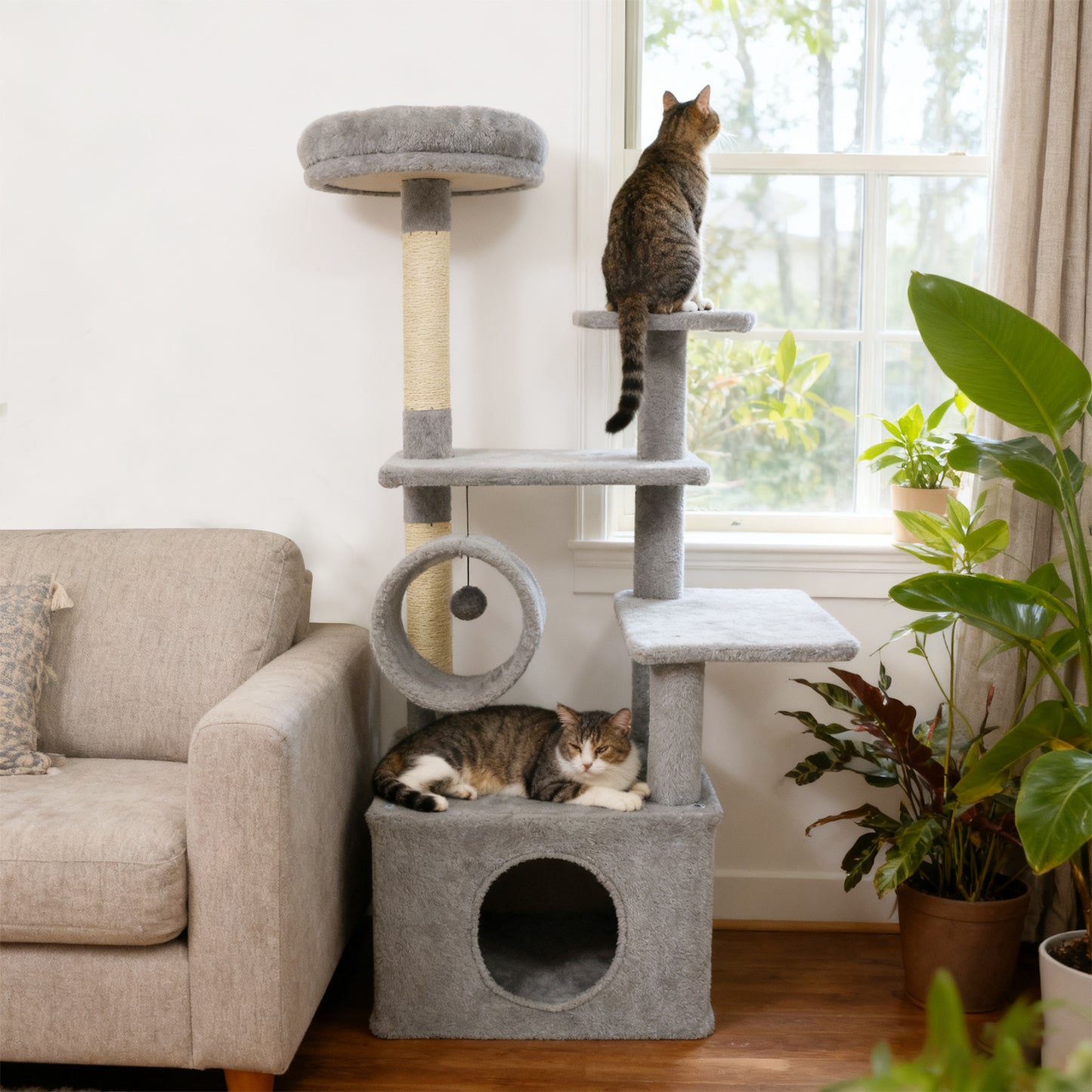 48 Inches Tall Cat Tree Multi-Level Kitten Tower with Large Condo Padded Top Perch, Light Gray Cat Trees Condos & Scratchers at Gallery Canada
