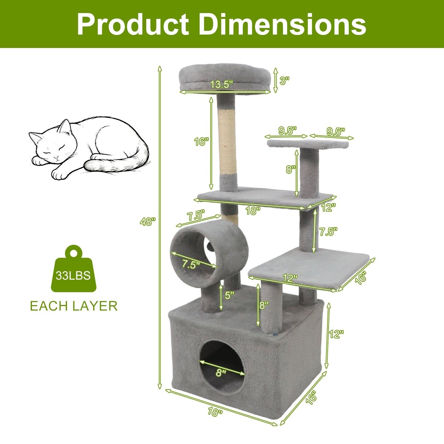 48 Inches Tall Cat Tree Multi-Level Kitten Tower with Large Condo Padded Top Perch, Light Gray Cat Trees Condos & Scratchers at Gallery Canada