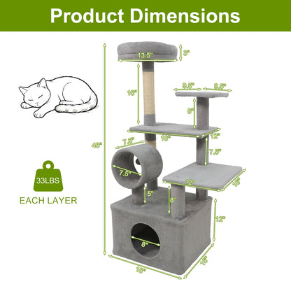 48 Inches Tall Cat Tree Multi-Level Kitten Tower with Large Condo Padded Top Perch, Light Gray Cat Trees Condos & Scratchers at Gallery Canada
