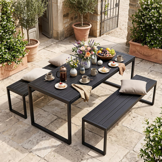 48" Outdoor Bench Set of 2 with Wood-Plastic Composite and Metal Frame Slatted Sea, Black Outdoor Benches Black at Gallery Canada