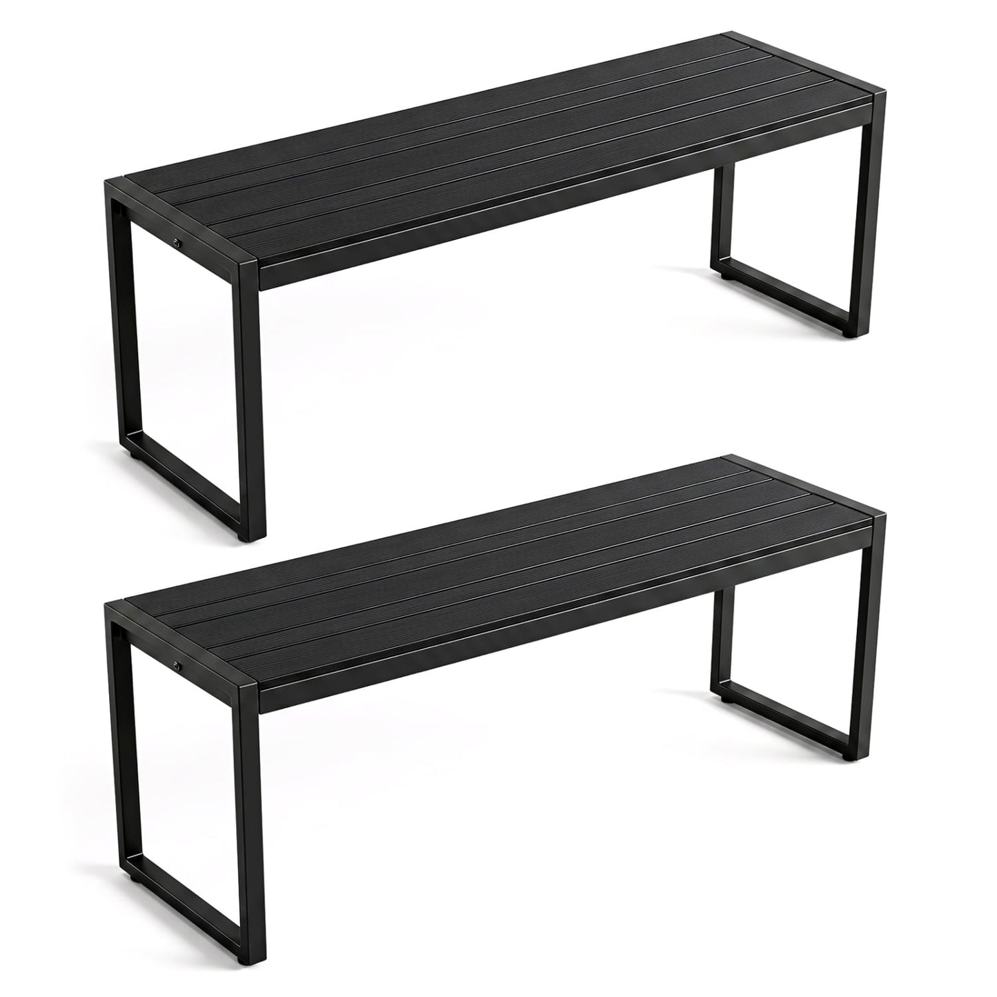 48" Outdoor Bench Set of 2 with Wood-Plastic Composite and Metal Frame Slatted Sea, Black
