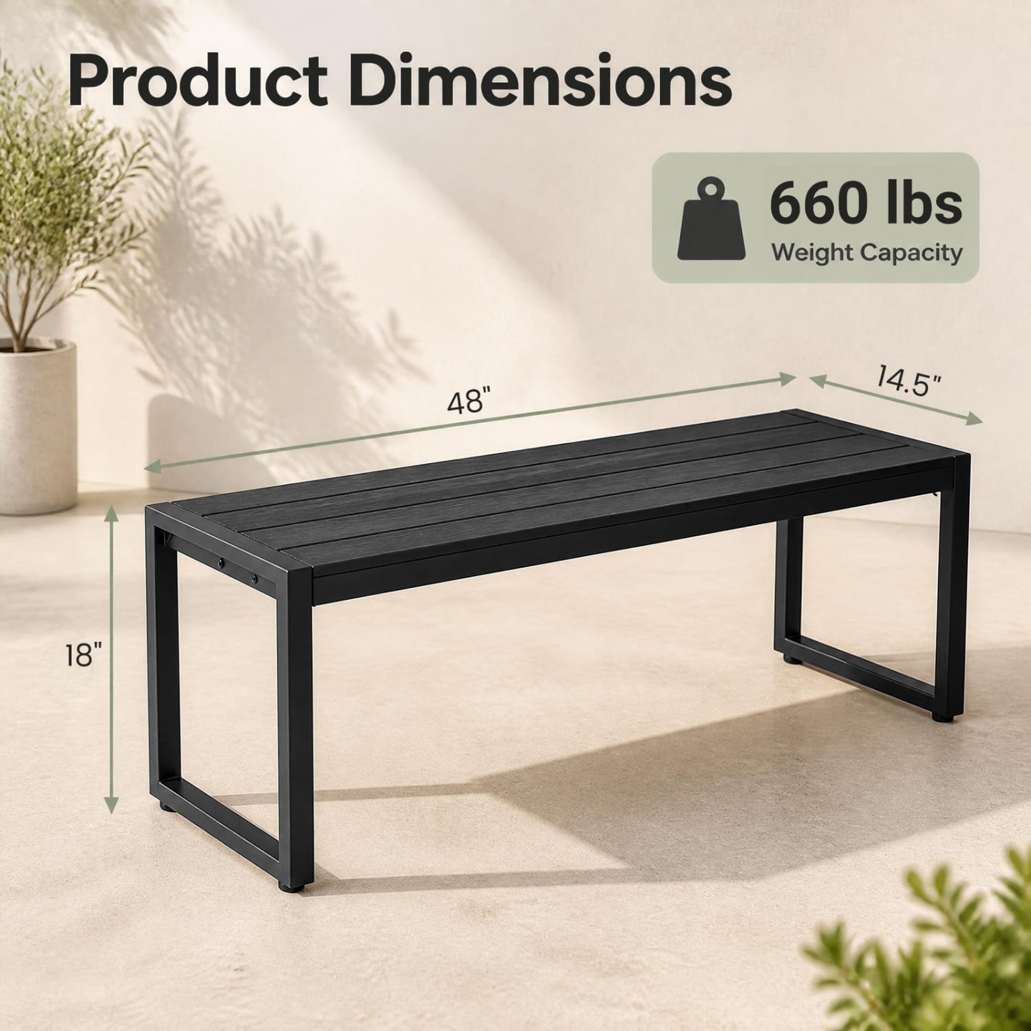 48" Outdoor Bench Set of 2 with Wood-Plastic Composite and Metal Frame Slatted Sea, Black
