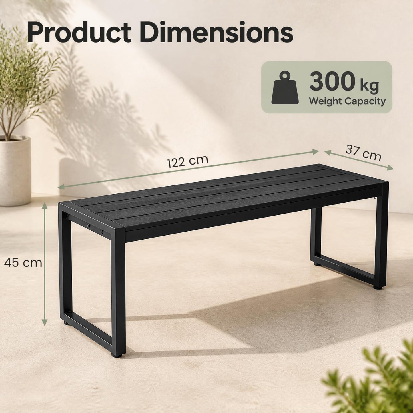 Banc d'extérieur 48" en composite bois-plastique, cadre en métal, noir