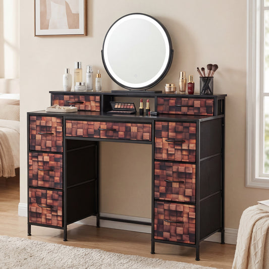 48" Vintage Dresser, 9 Fabric Drawers, Raised Shelf, Brown Makeup Vanities Options at Gallery Canada
