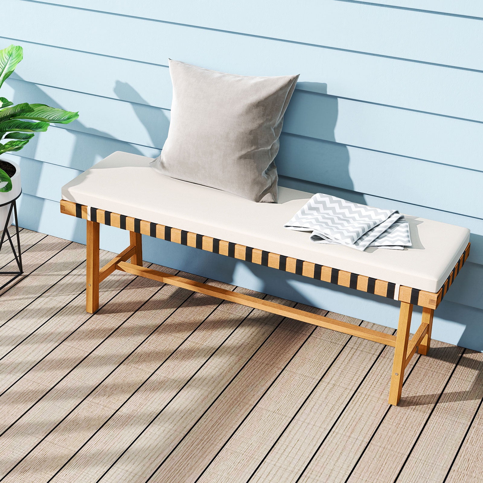 48 inch Acacia Wood Outdoor Bench with Thick Padded Seat Cushion, Natural Outdoor Benches at Gallery Canada