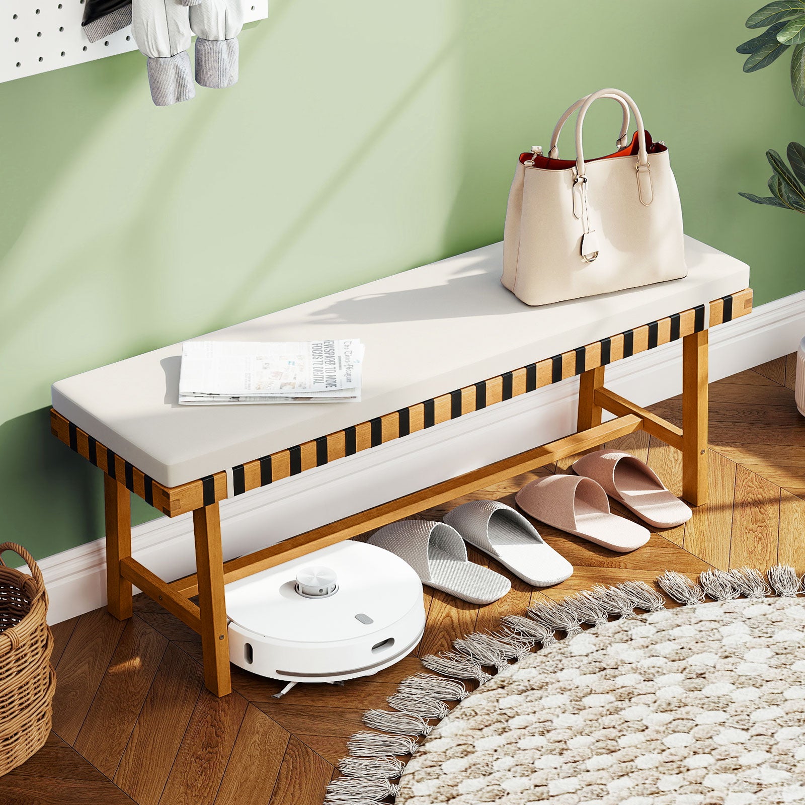 48 inch Acacia Wood Outdoor Bench with Thick Padded Seat Cushion, Natural Outdoor Benches at Gallery Canada