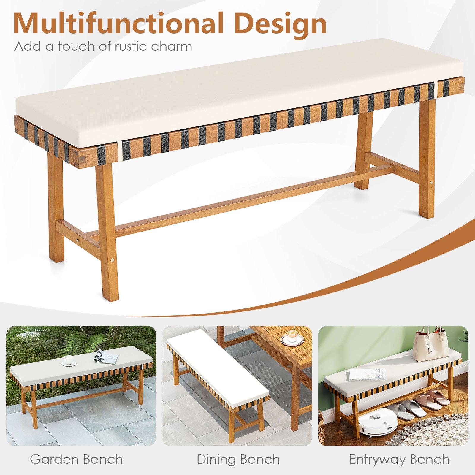 48 inch Acacia Wood Outdoor Bench with Thick Padded Seat Cushion, Natural Outdoor Benches at Gallery Canada