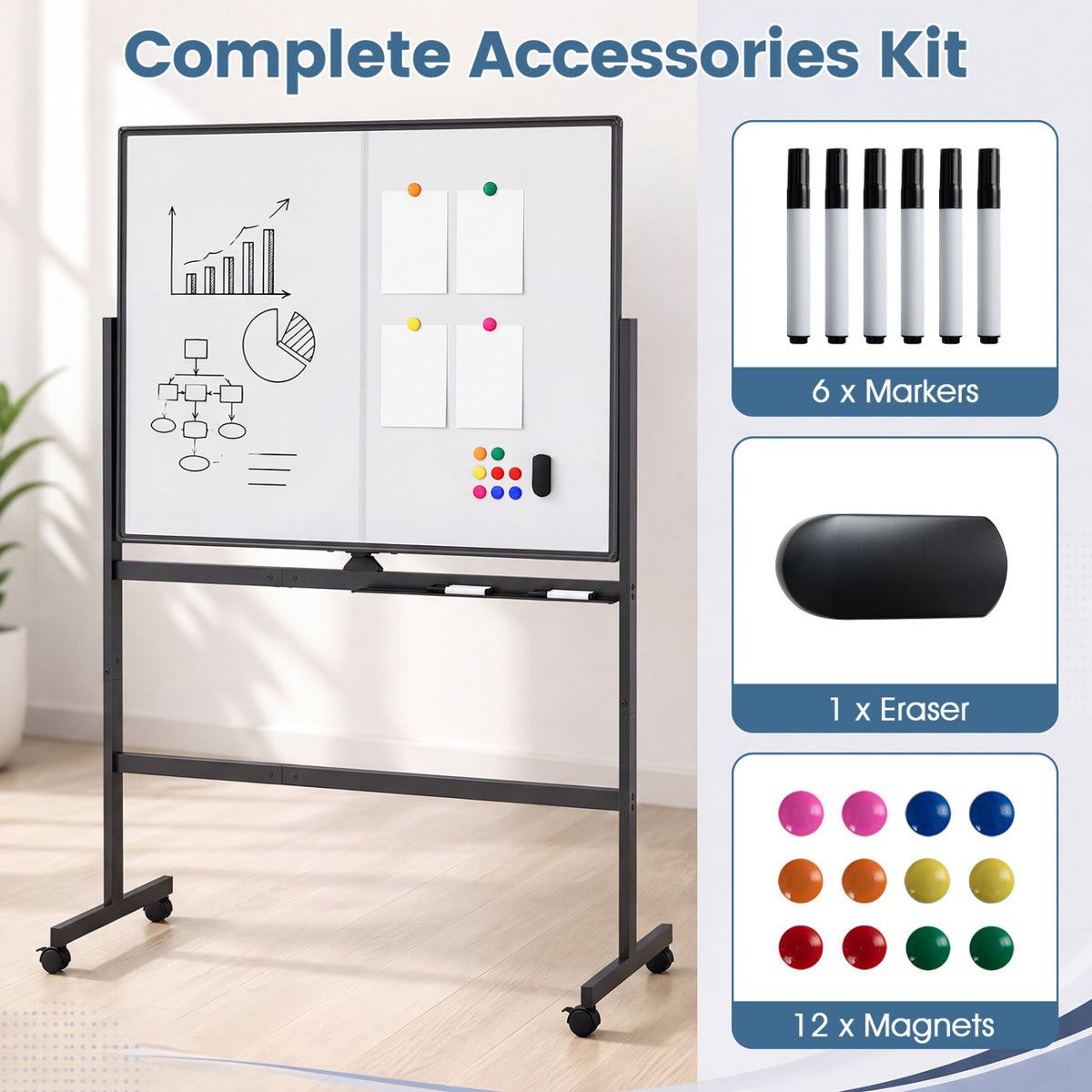 48" x 36" Double-Sided Mobile White Board, Lockable Wheels, Black Home Office at Gallery Canada