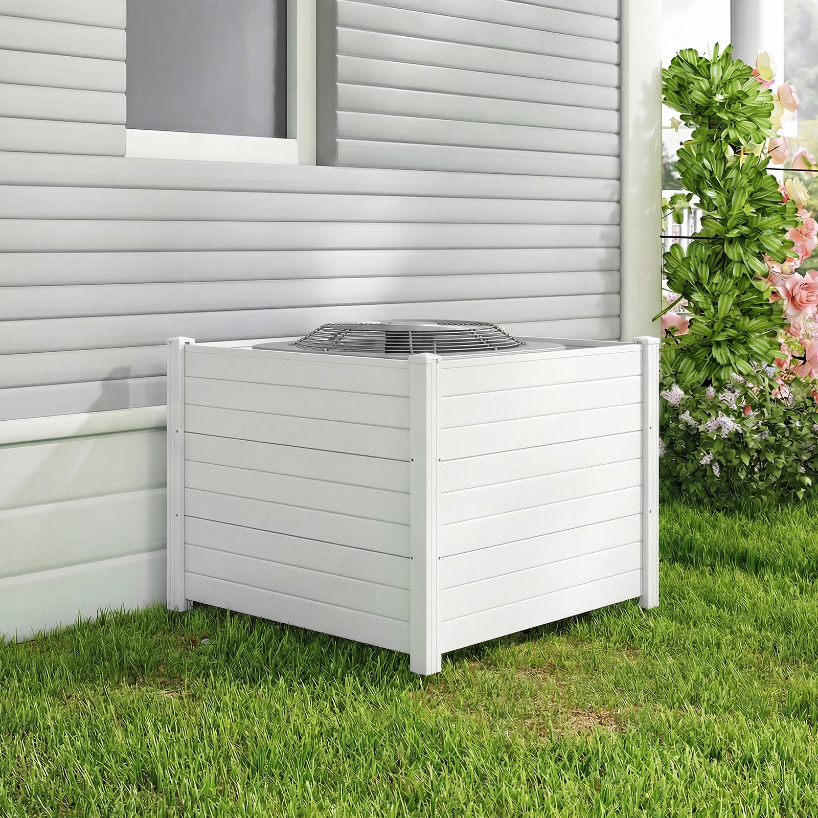 48 x 38 Inch Air Conditioner Fence, 3 Panels, Metal Ground Stakes, White Decorative Fencing & Flooring at Gallery Canada