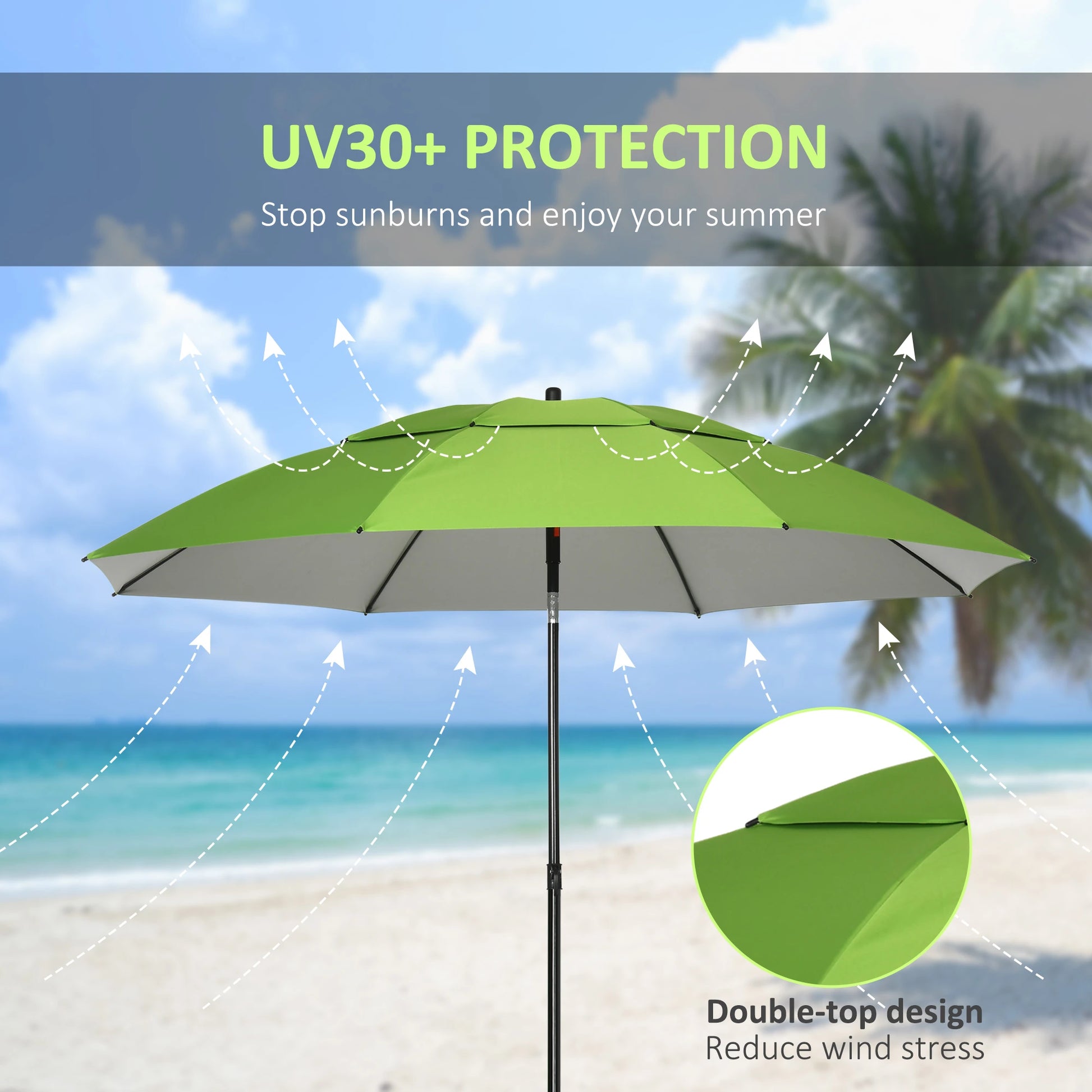6.6ft Arched Beach Umbrella, Adjustable, Steel Frame, UV30+, Green Beach Umbrellas at Gallery Canada