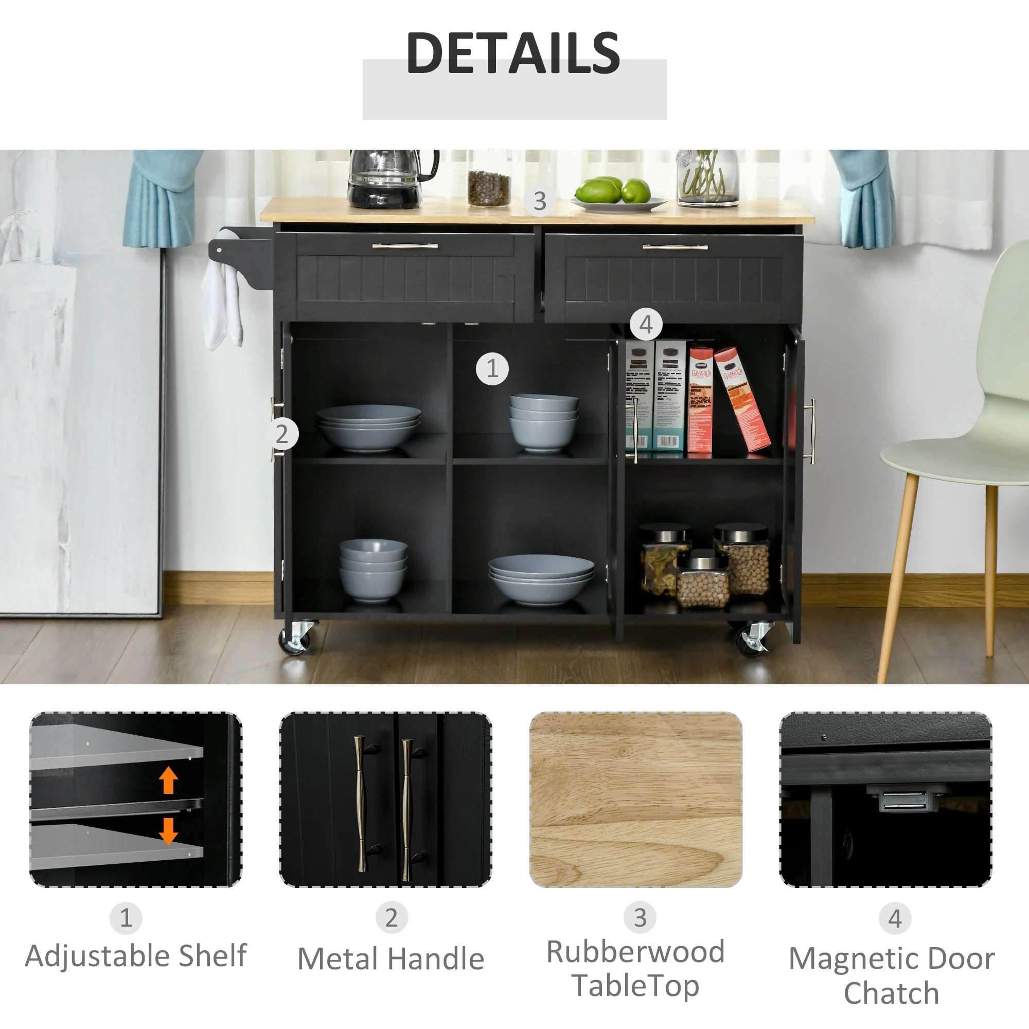 Modern Kitchen Island, Utility Cart with 2 Drawers, Cabinets, Black Kitchen Islands & Kitchen Carts at Gallery Canada