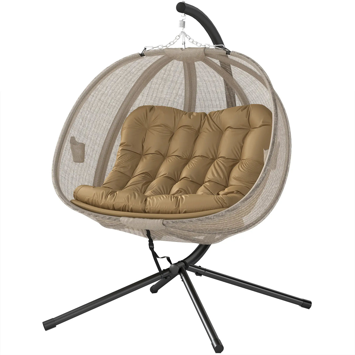 Double Egg Chair with Stand, 2 Person Hanging Swing, Khaki Patio Swings with Stand Brown, Khaki, Black at Gallery Canada