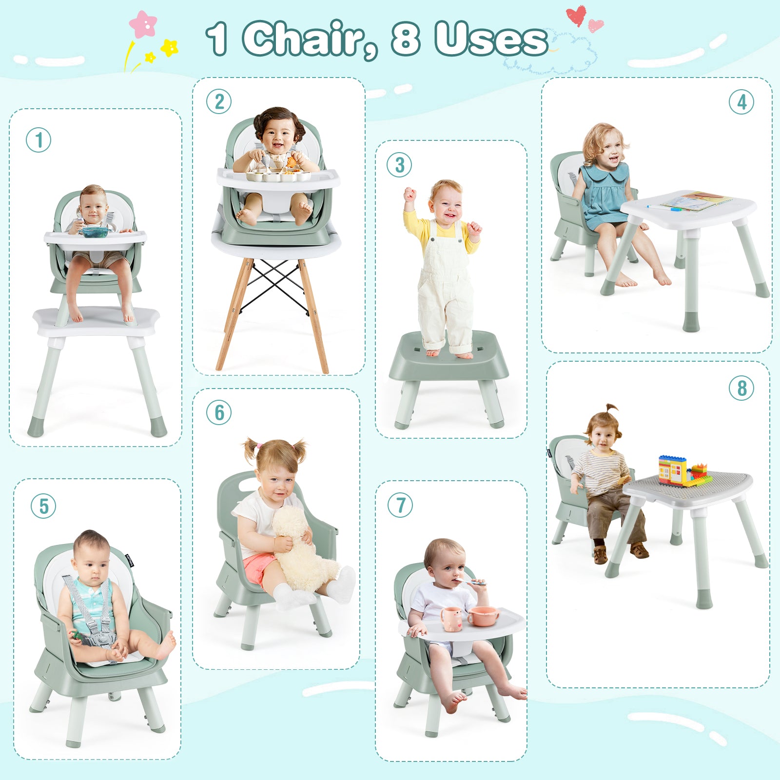 6-in-1 Convertible Baby High Chair with Adjustable Removable Tray, Green High Chairs at Gallery Canada