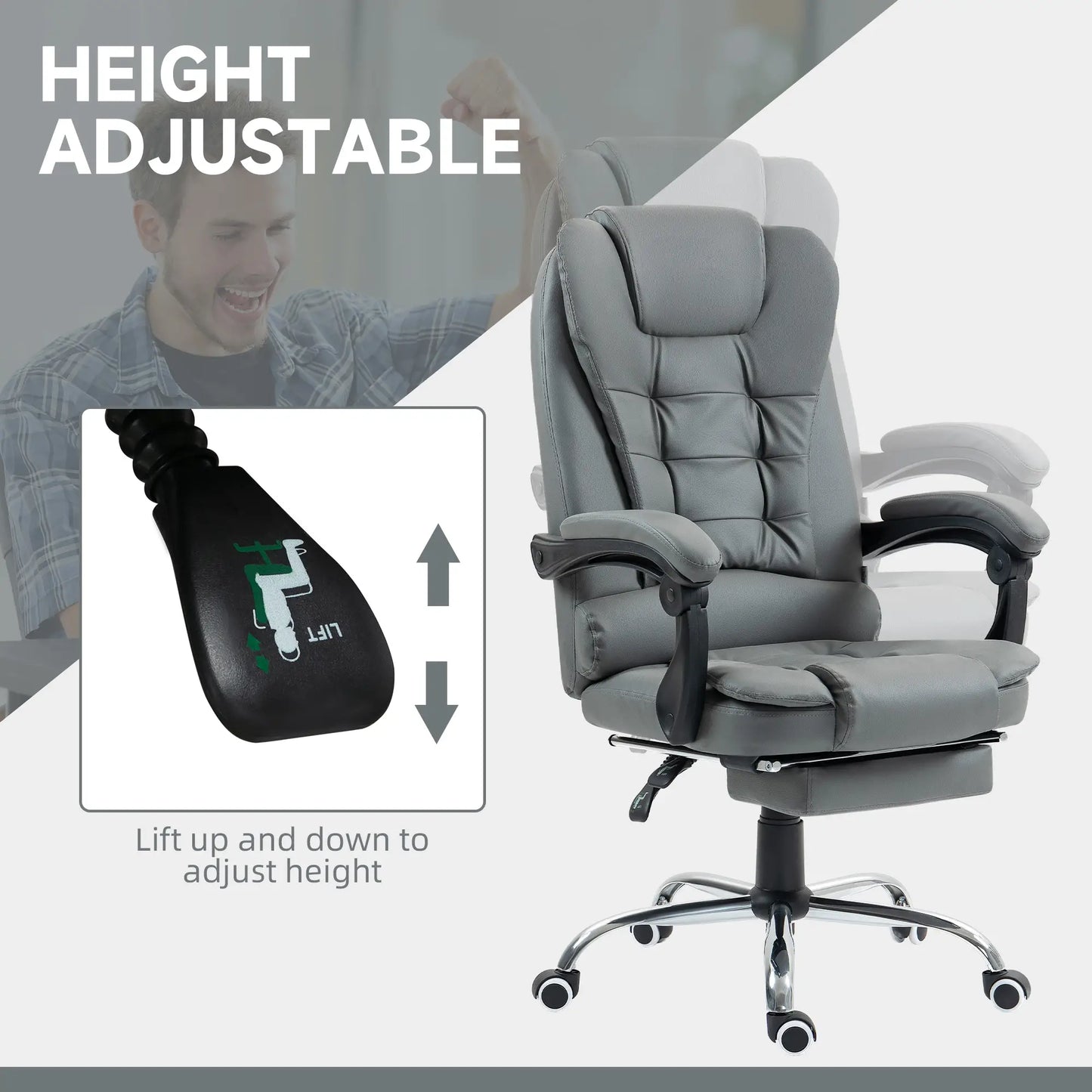 High Back PU Leather Office Chair, Retractable Footrest, Padded Armrest, Grey Executive & Manager Chairs at Gallery Canada