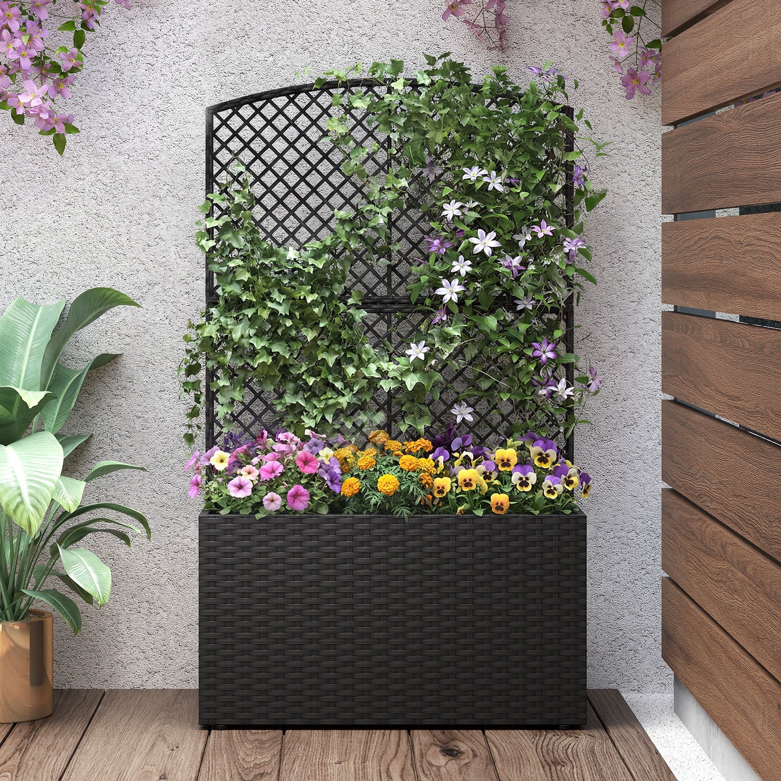 49 Inch Raised Garden Bed With Trellis, Wicker Planter Box, Black Raised Garden Beds at Gallery Canada