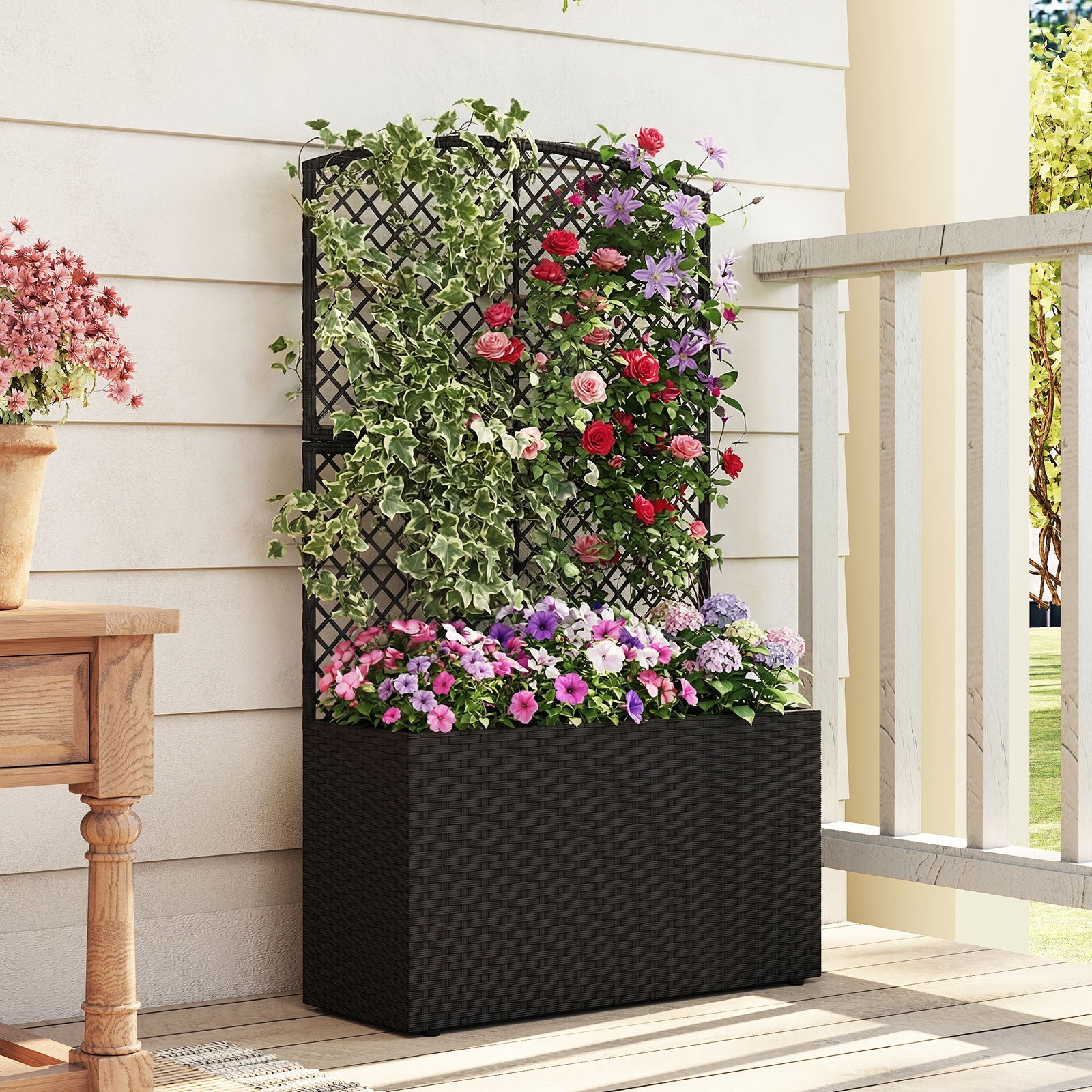 49 Inch Raised Garden Bed With Trellis, Wicker Planter Box, Black Raised Garden Beds at Gallery Canada