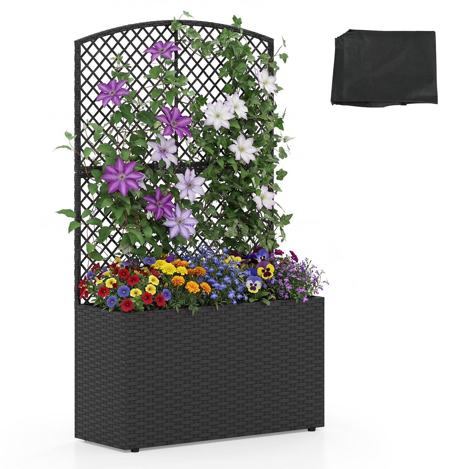 49 Inch Raised Garden Bed With Trellis, Wicker Planter Box, Black Raised Garden Beds Black at Gallery Canada