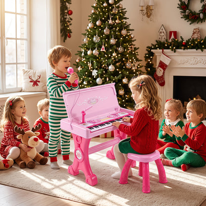 Piano électrique pour enfants, 49 touches, avec tabouret et micro, rose