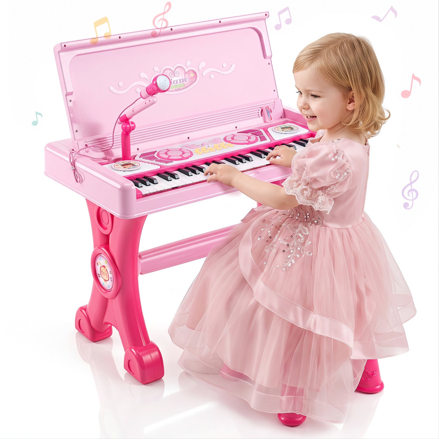 Piano électrique pour enfants, 49 touches, avec tabouret et micro, rose