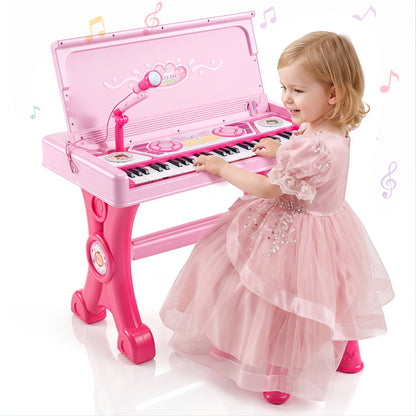 Piano électrique pour enfants, 49 touches, avec tabouret et micro, rose