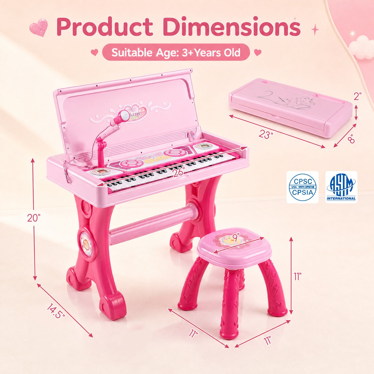 Piano électrique pour enfants, 49 touches, avec tabouret et micro, rose