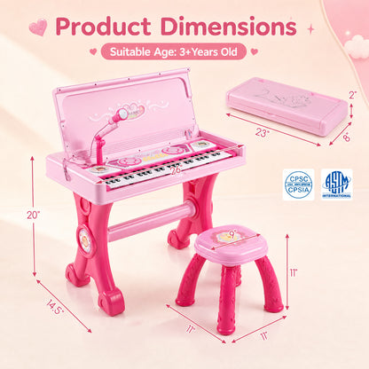 Piano électrique pour enfants, 49 touches, avec tabouret et micro, rose