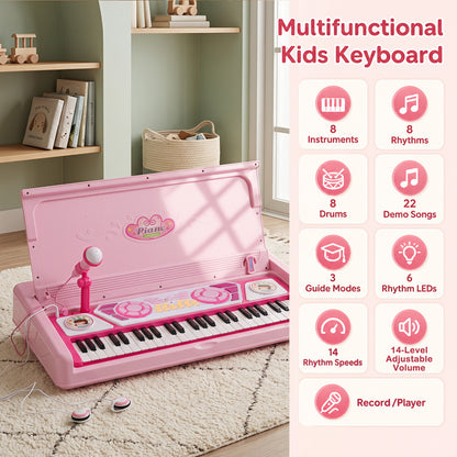 Piano électrique pour enfants, 49 touches, avec tabouret et micro, rose