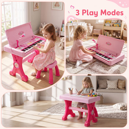 Piano électrique pour enfants, 49 touches, avec tabouret et micro, rose