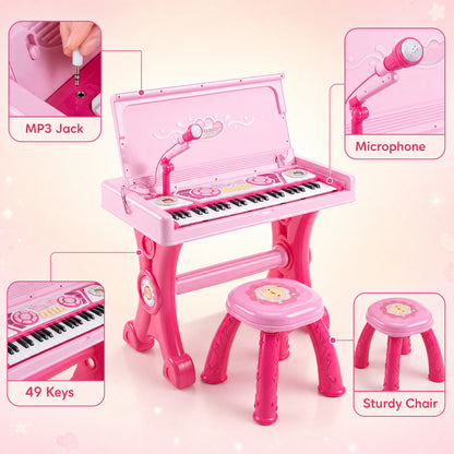Piano électrique pour enfants, 49 touches, avec tabouret et micro, rose