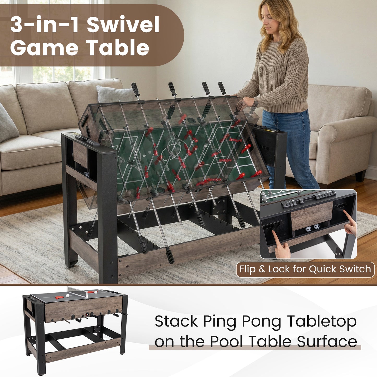 49 inch Combo Game Table with Pool Billiards, Brown Game Room at Gallery Canada