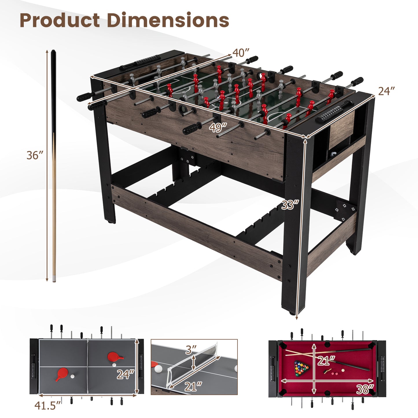 49 inch Combo Game Table with Pool Billiards, Brown Game Room at Gallery Canada