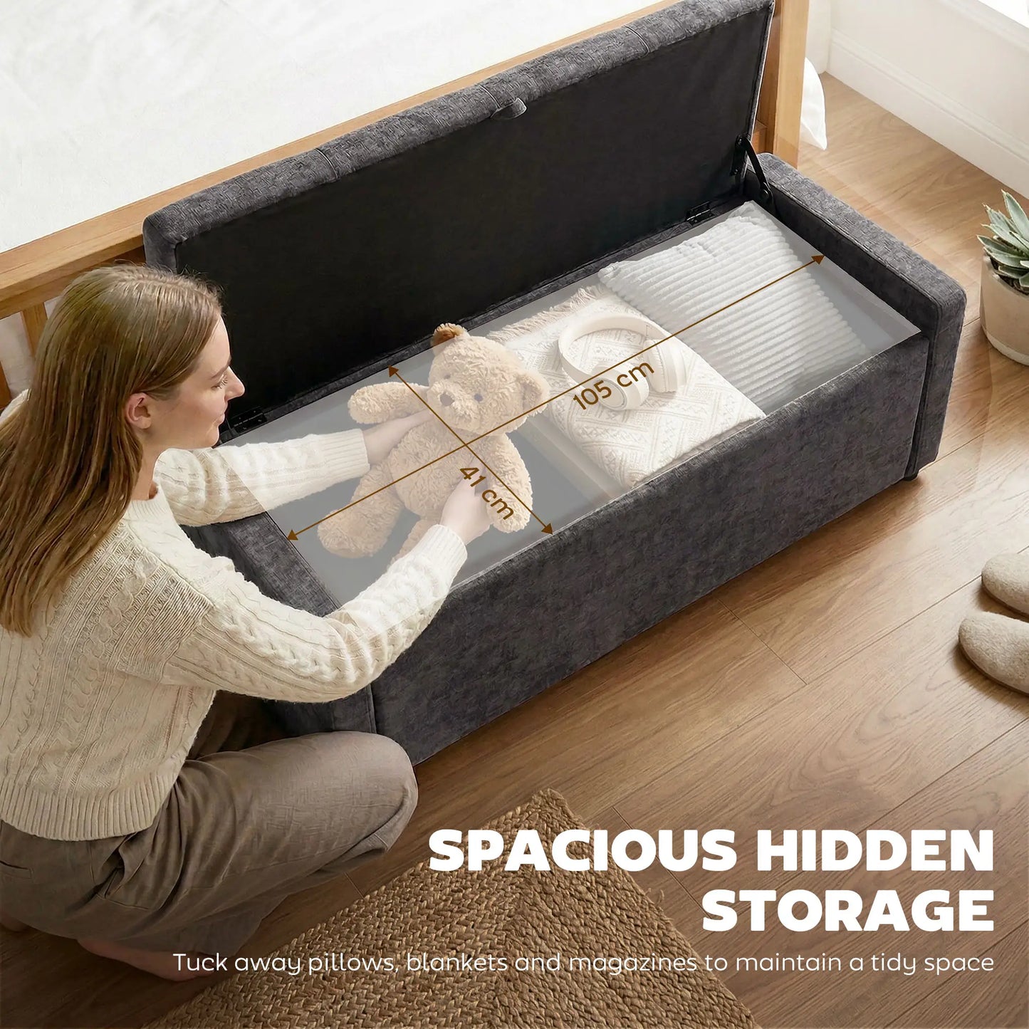 Storage Ottoman Bench, Linen Fabric, Wide Padded Seat, Dark Grey Storage Ottomans & Benches at Gallery Canada