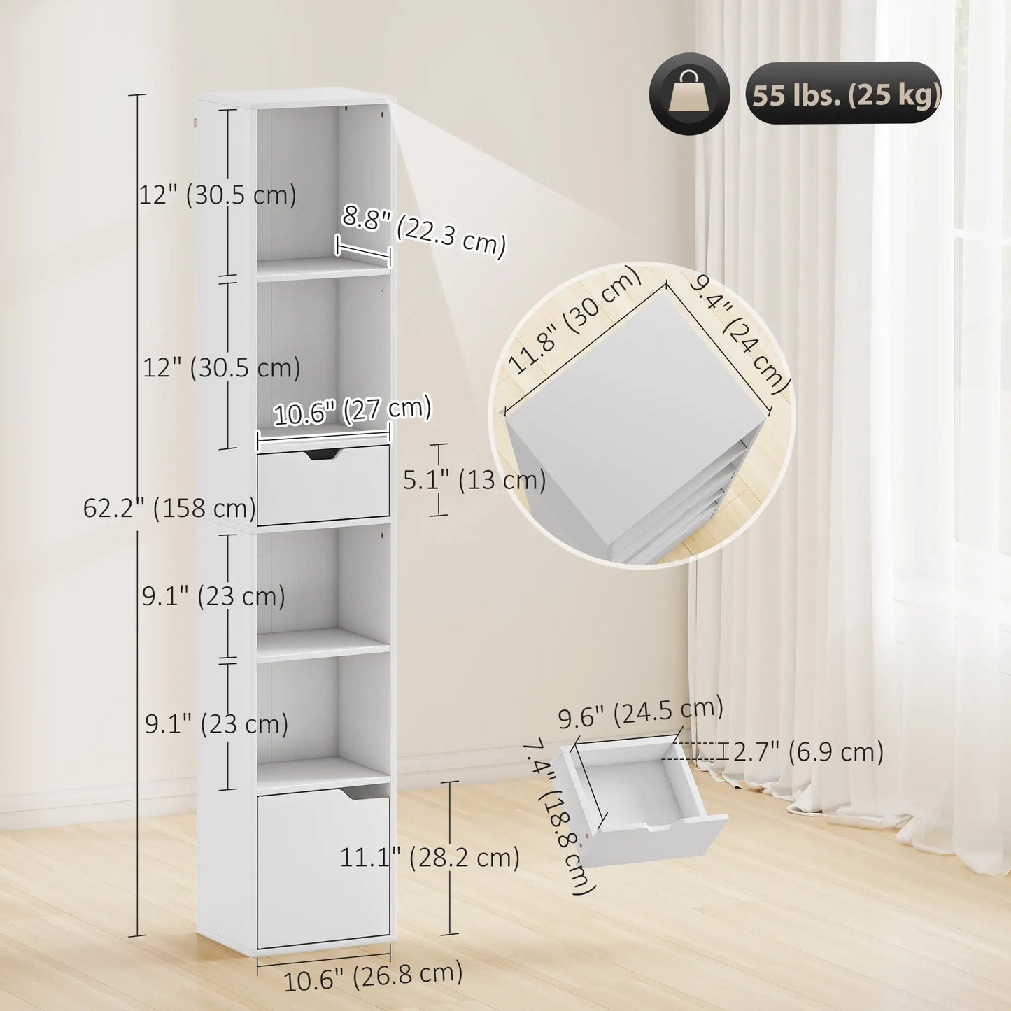 6-Tier Bookcase, Tall Narrow Bookshelf with Drawer and Door, White Display Bookshelves at Gallery Canada