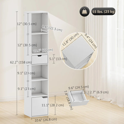 6-Tier Bookcase, Tall Narrow Bookshelf with Drawer and Door, White Display Bookshelves at Gallery Canada