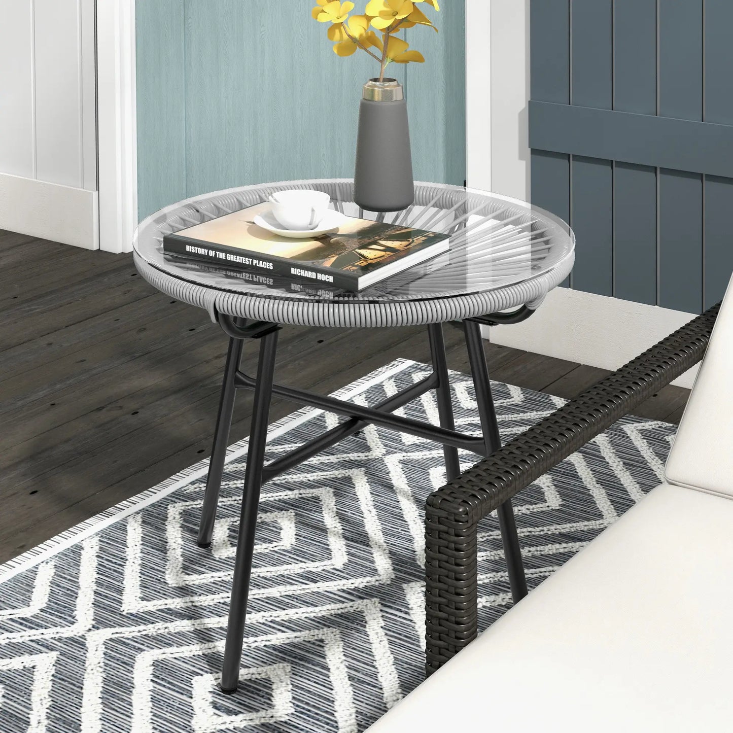 Round Rattan Side Table, Outdoor, PE Rattan, Tempered Glass Top, Grey