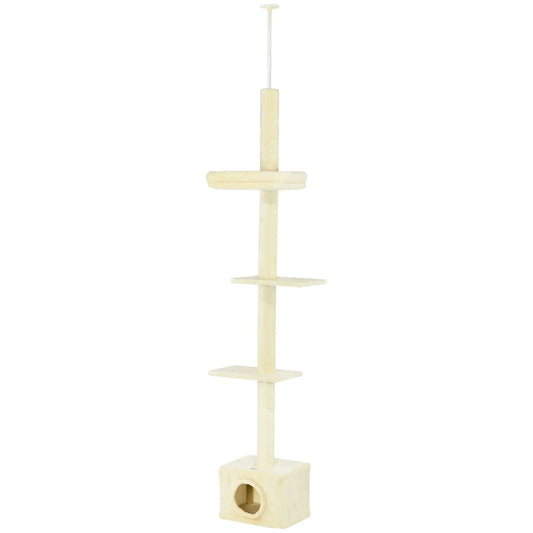 Adjustable Cat Tree, Scratching Post, House, Bed, 91-102 Inches, Beige Floor to Ceiling Cat Trees Beige at Gallery Canada