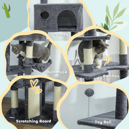Floor To Ceiling Cat Tree, 230-250cm, 2 Condos, Hammock, Sisal Posts, Dark Grey
