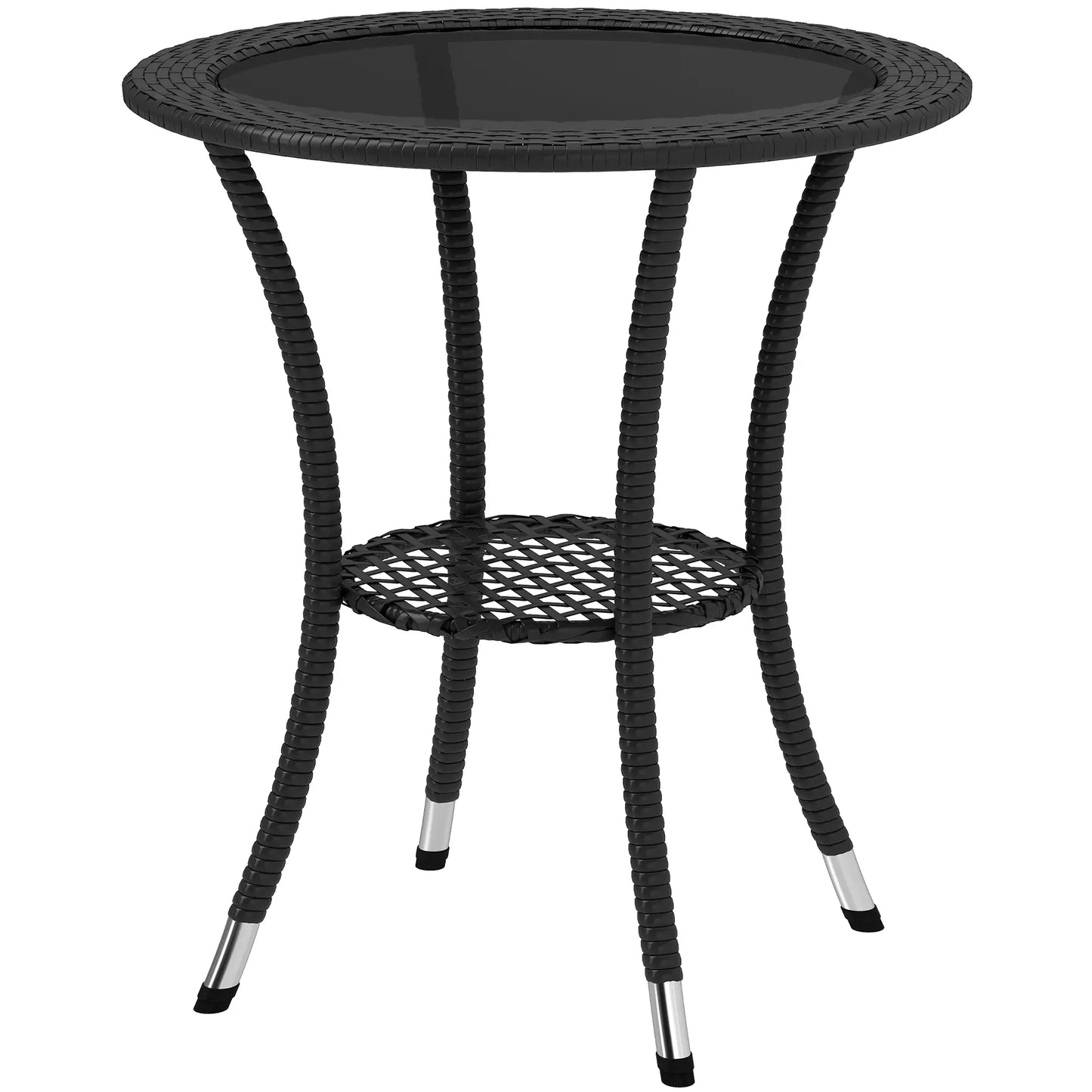 Outdoor Rattan Dining Table, Round Coffee Table with 2-Tier Shelf, Black Patio Dinning Tables Black at Gallery Canada