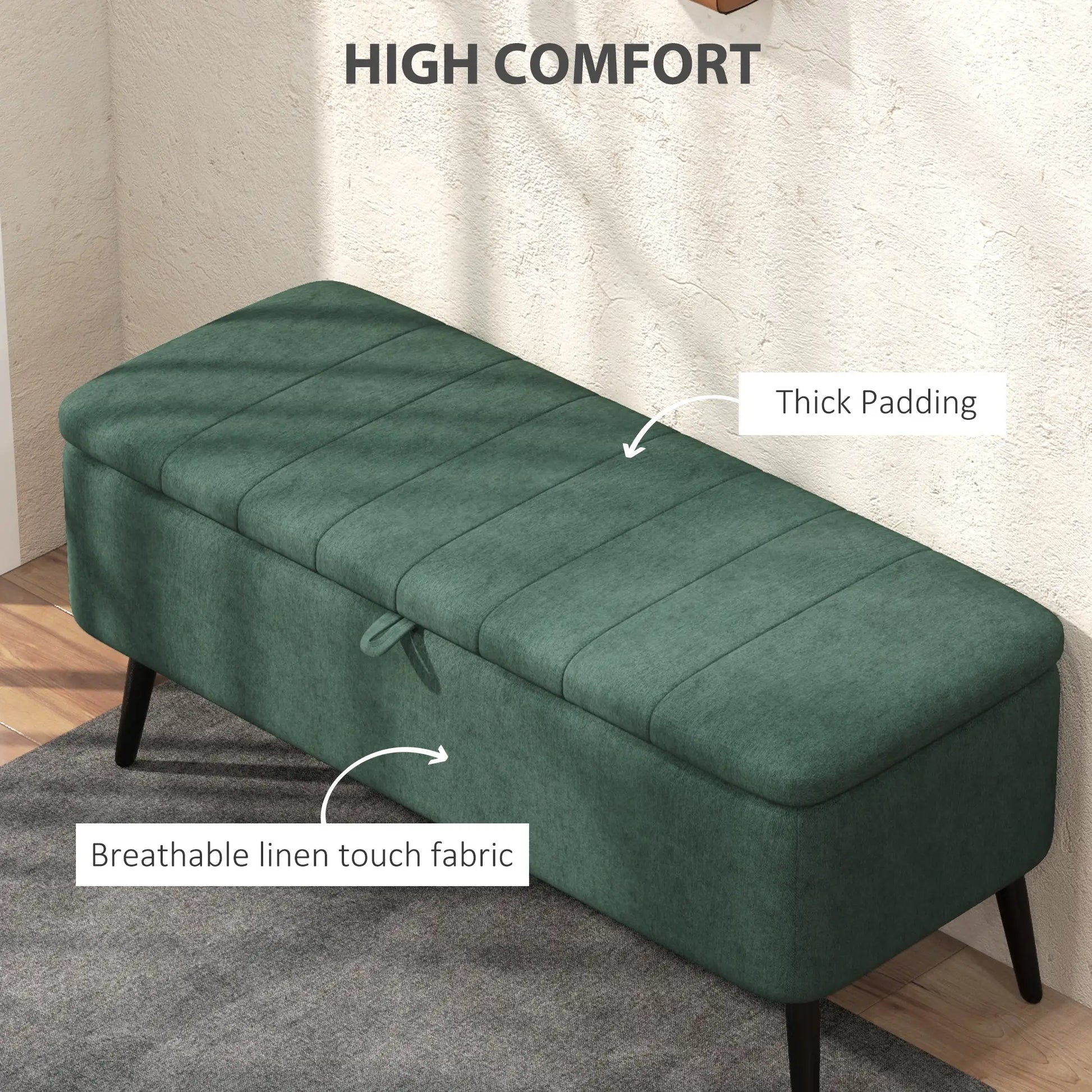 40" Ottoman with Storage, Linen Upholstered Storage Ottoman Bench with Steel Legs for Living Room, Bedroom Dark Green Storage Ottomans & Benches at Gallery Canada