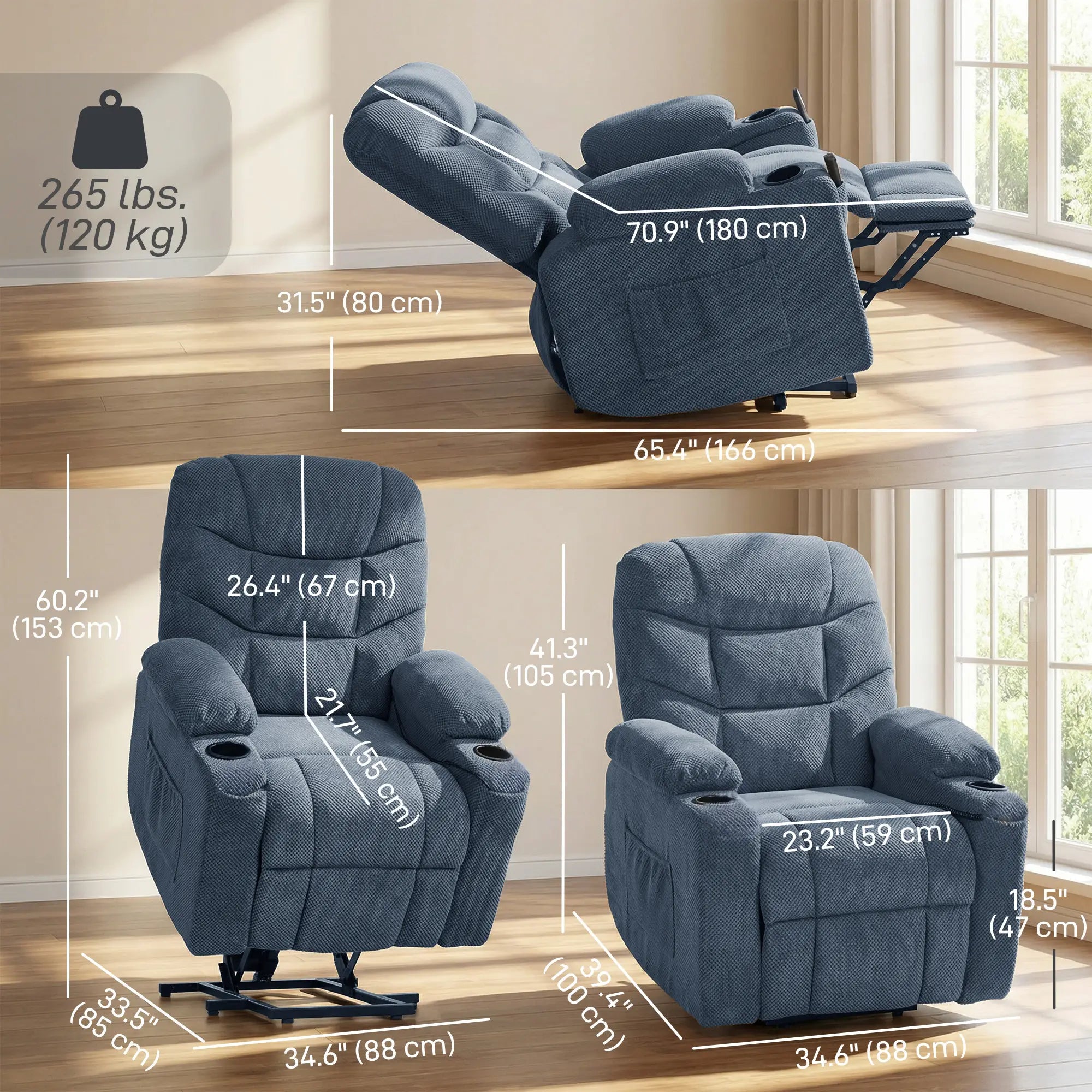 Electric Lift Recliner Chair, Massage, Side Pockets, Cup Holders, Remote, Blue Electric Power Lift Chairs at Gallery Canada