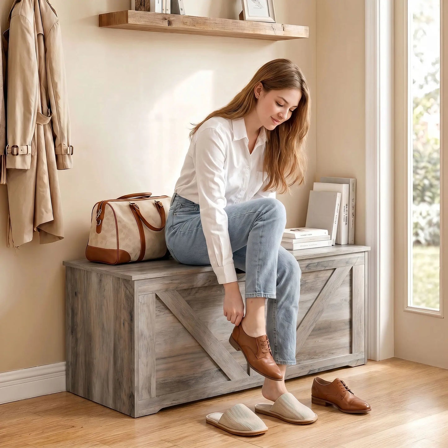 31.5" Storage Chest with Safety Hinge, Grey Wood Grain, Grey